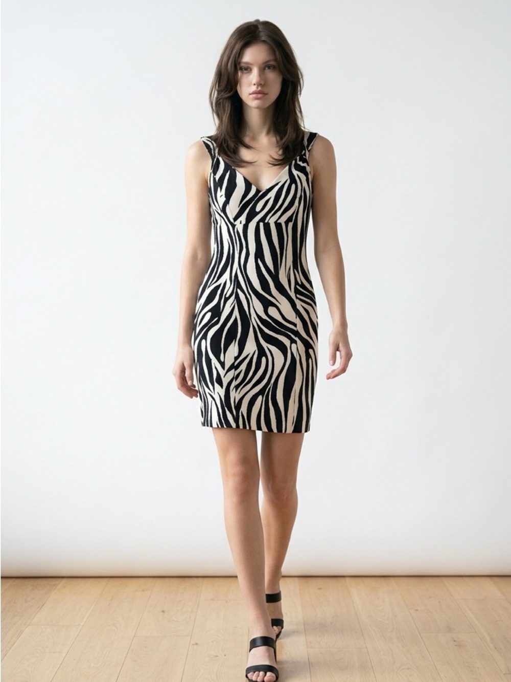 Calvin Klein Black & White Zebra-Print V-Neck Mini Dress